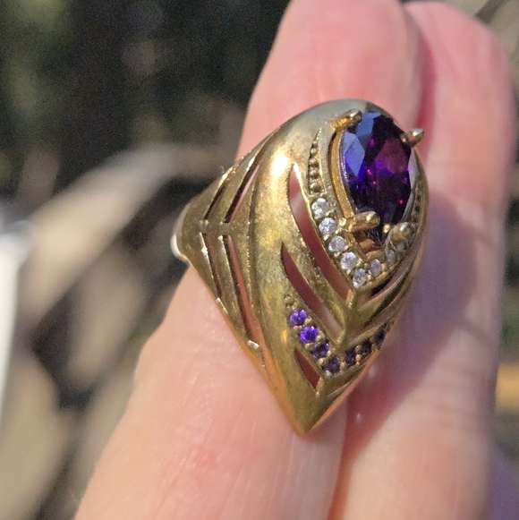Amethyst & Topaz Sterling Gold & Bronze Feather Cocktail ring 7.75 - Picture 6 of 9